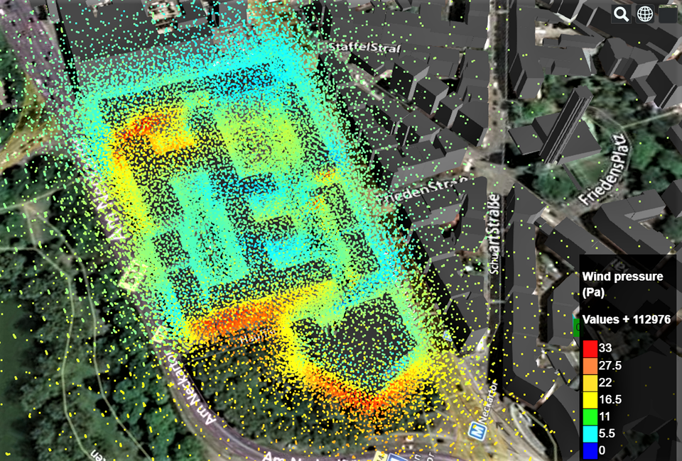Visualisation of a simulated wind field and its distribution around a block of houses in Stöckach. Each coloured dot indicates the simulated air pressure. Data source 3D city model: Landeshauptstadt Stuttgart Stadtmessungsamt, 2018