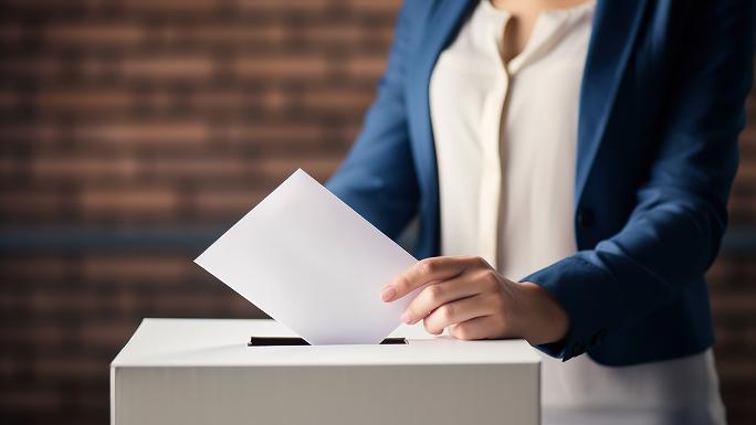 Im Vordergrund eine Wahlurne, dahinter steht eine Person, die gerade einen Wahlzettel in den Schlitz schiebt.