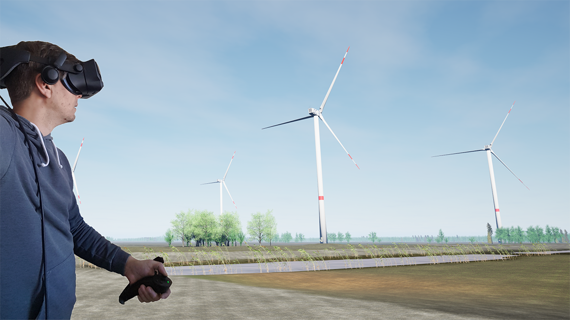 Am linken Bildrand steht ein Mann mit VR-Brille und Steuerkonsole in der rechten Hand; er blickt auf Felder, Bäume und Windräder.