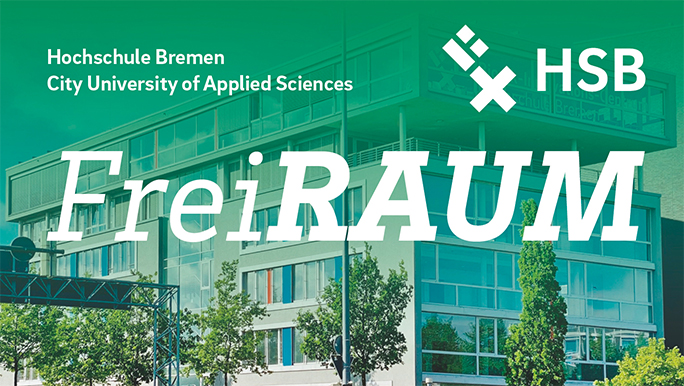 Das Gebäude des StartUpLabs an der Hochschule Bremen, überlagert vom Logo der Hochschule und dem Schriftzug FreiRAUM.