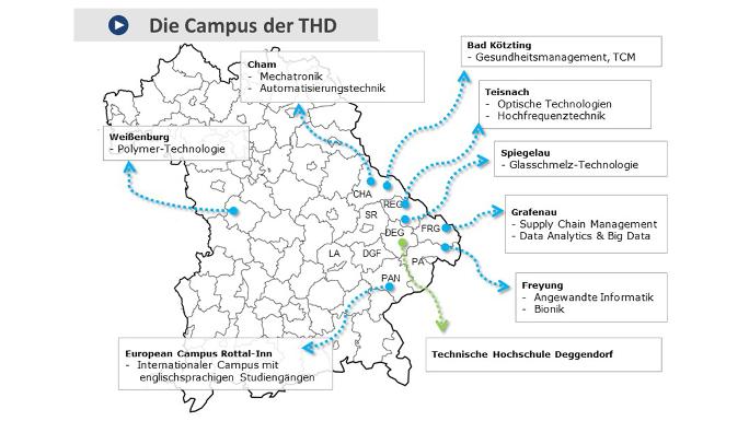 Eine Karte des Freistaats Bayern, in der alle Standorte der TH Deggendorf eingezeichnet sind