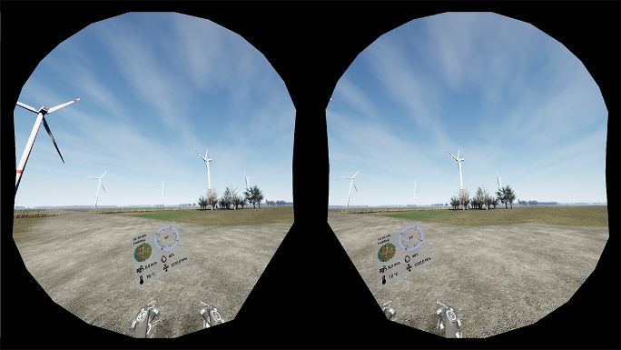 Two round image sections against a black background; both sections have a virtual dashboard in the front and fields, trees, and wind turbines in the background.