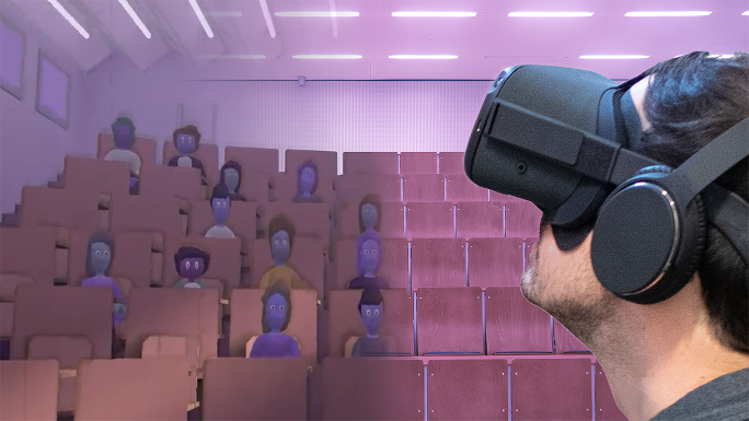 In the foreground, a man wearing VR glasses. In the background, a lecture hall with some human-like figures sitting in the chairs and looking a little creepy.